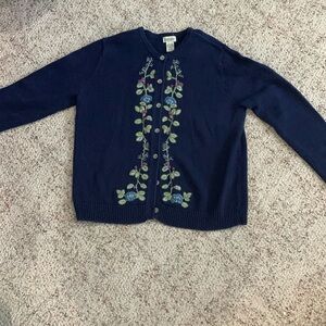 Navy blue cardigan with vine flowers on the front. Classic Elements brand.